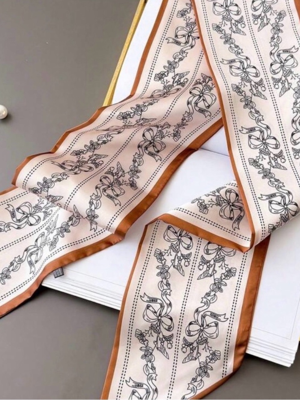 Women's Cream and Brown Floral Ribbon Print Silk-Feel Scarf